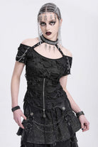Black Off Shoulder Halterneck Ripped Women's Punk Blouse