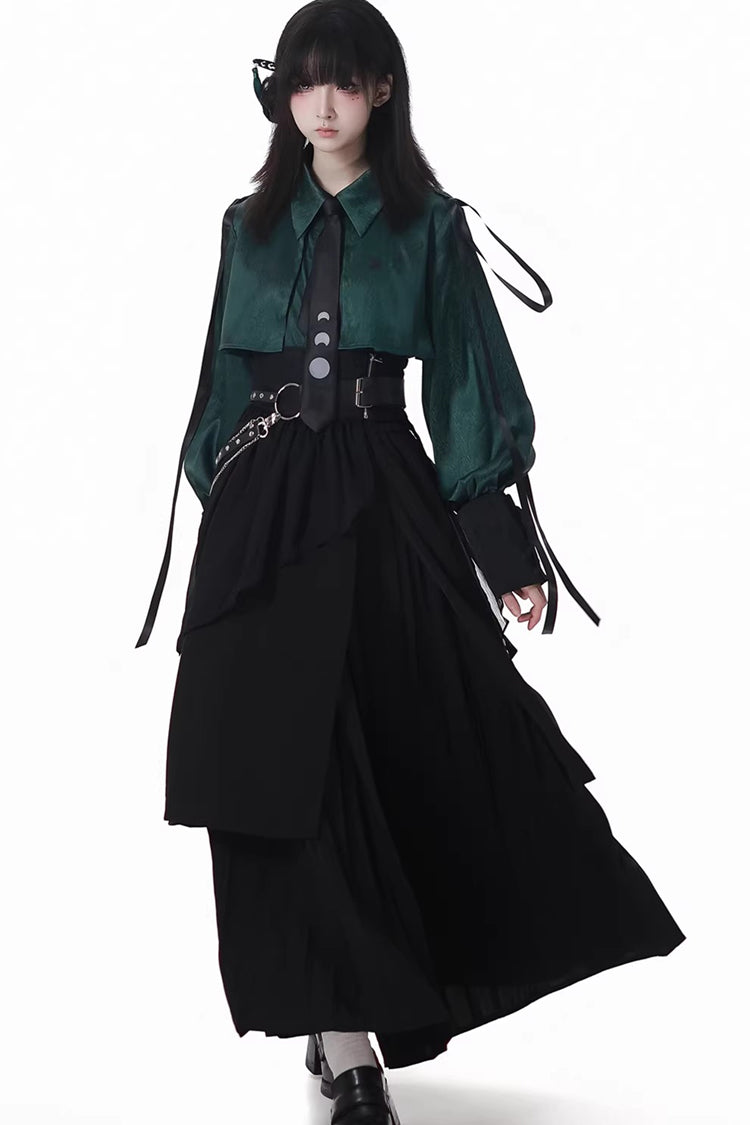 Green/Black [Moonlight Flowing] Long/Short Sleeves Ruffled Asymmetric Gothic Jirai Kei Skirt Set