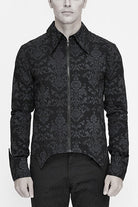 Black Folding Cuffs Palace Printed Zipper Mens Gothic Blouse