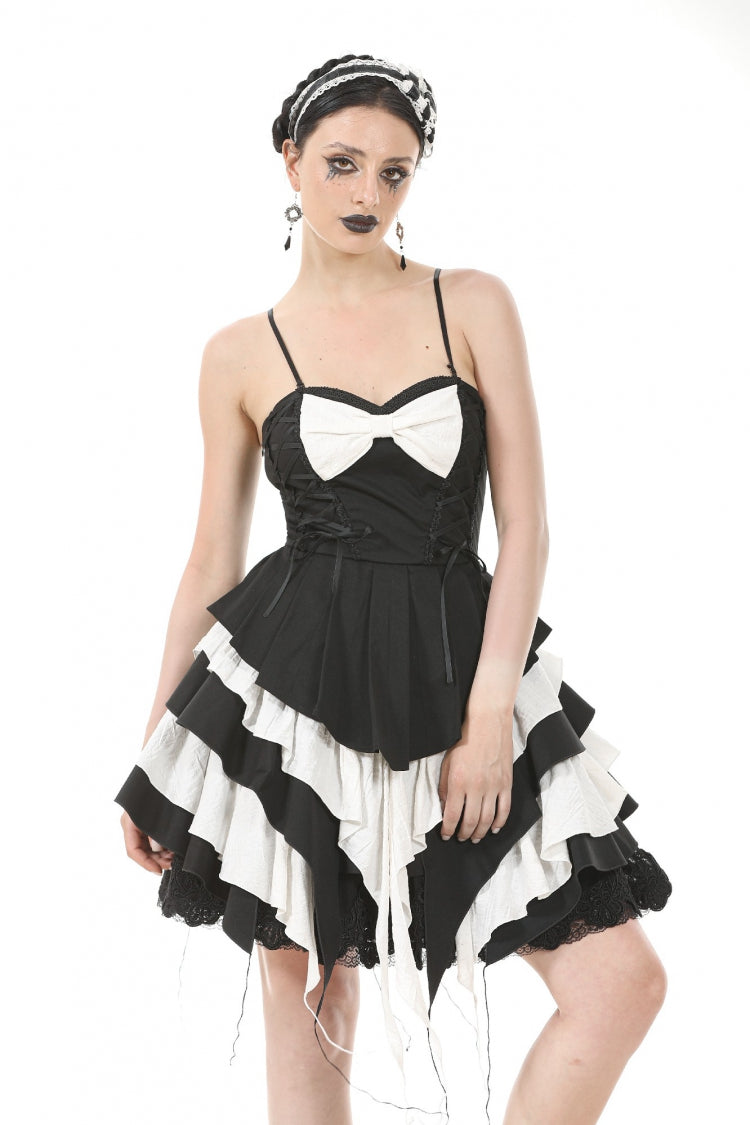 Black/White Sleeveless Multi-Layered Ruffled Bowknot Women's Gothic Slip Dress