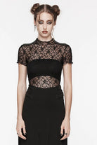 Black Round Collar Short Sleeves Hollow Mesh Women's Gothic Top