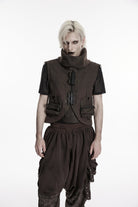Black Stand Collar Sleeveless Men's Punk Patch Pockets Convertible Collar Vest Vest