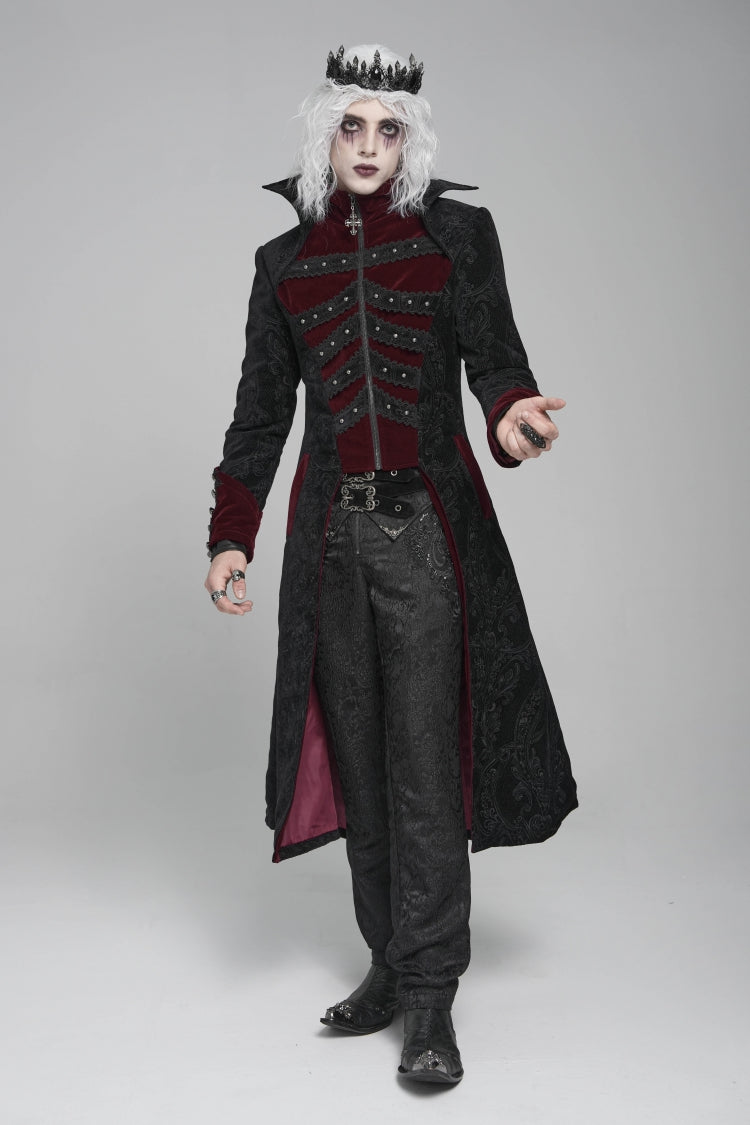 Black/Red Diamante Stand Collar Long Sleeves Printed Zippered Men's Gothic Long Coat