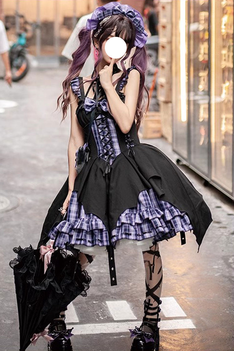 Rock Radio Wave Irregular Subculture Grid Print Bowknot Stitching Gothic Lolita Dress 3 Colors