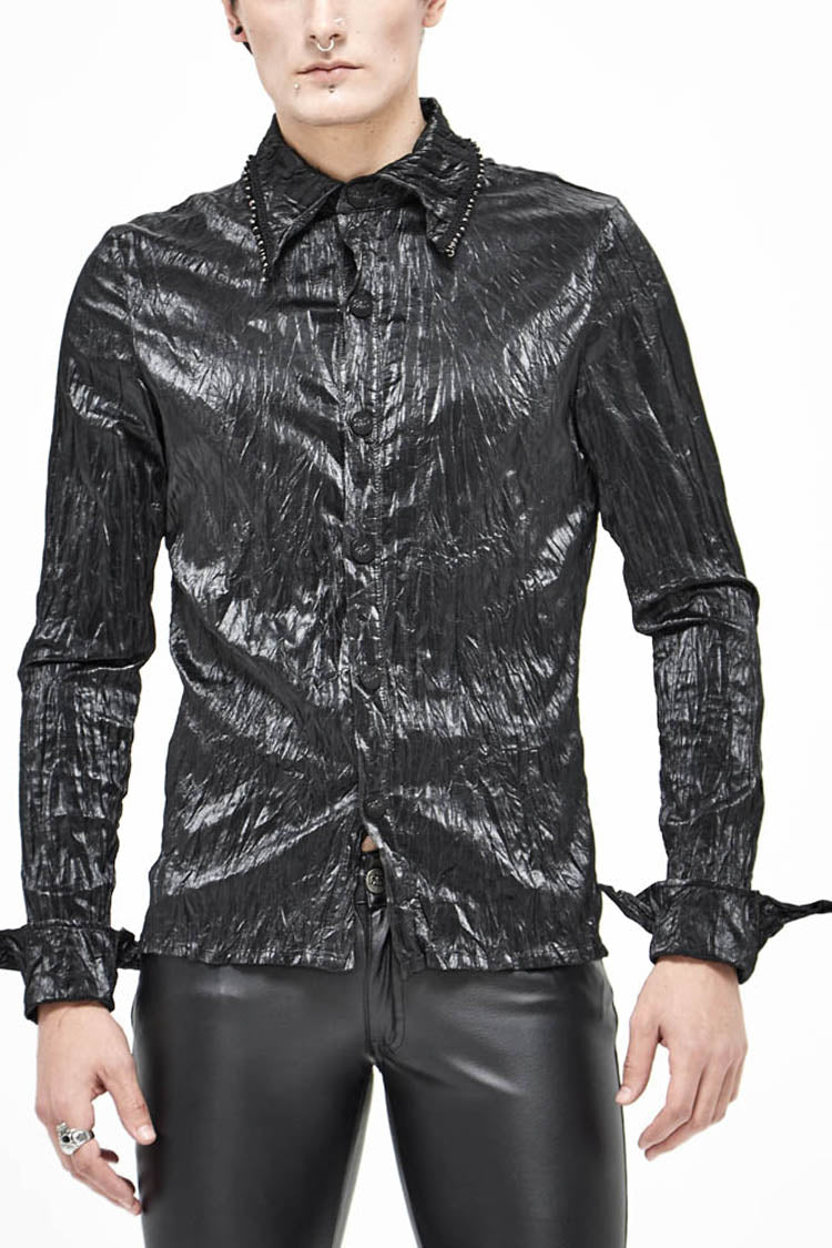 Black Twill Fold Collar Sharp Corner Cuff Light Metal Ring Webbing Men's Punk Shirt