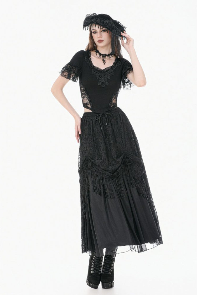 Black Women's Gothic Square Collar Double-Layered Lace Short Sleeves Embroidered Slim Fit Top