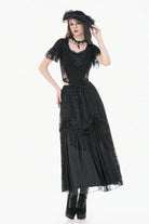 Black Women's Gothic Square Collar Double-Layered Lace Short Sleeves Embroidered Slim Fit Top