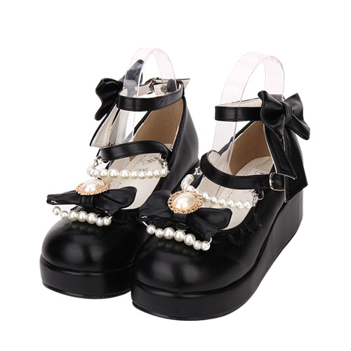Round toe Bowknot Pearl Chain Classic Lolita Shoes