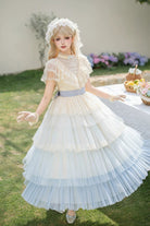 Blue [Sincere Vow] Edwardian Collar Short Sleeves Ombre Multi-Layered Ruffled Embroidered Sweet Lolita Dress