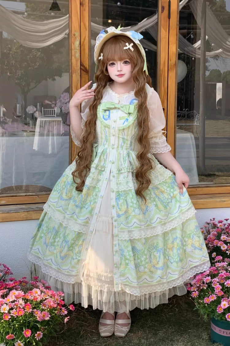 Ivory/Green [Lily of the Valley Perfume] Pearl Candy Tea Doll Collar Sleeveless Printed Lace Plus Size Sweet Lolita Jsk Dress