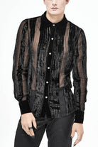 Black Striped Velvet Fold Mushroom Metal Buckles Long Sleeve Irregular Men's Gothic Shirt