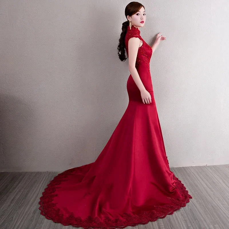 Red Chinese Wedding Qipao Cheongsam  Dress With Train