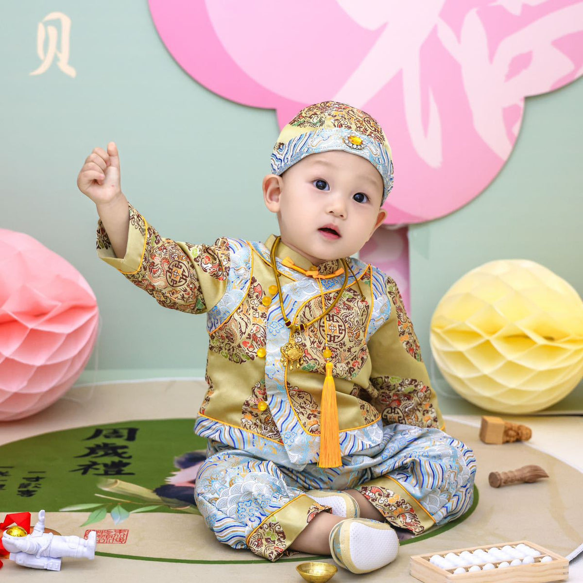Blue and Gold Tang Suit Brocade Set for Baby Boys