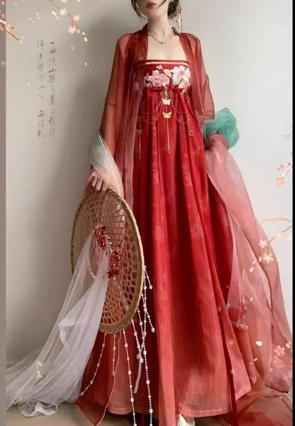 Red Floral Chinese Tang Dynasty HanFu Dress