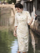 Floral Half Long Sleeves Lace-Trimmed Qipao Dress