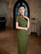 Modern Olive Green Sheer Qipao Cheongsam Dress