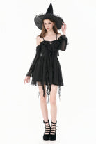 Black Moon Charm Off Shoulder Long Puff Bishop Sleeves Layered Ruffled Hem Women's Gothic Slip Dress