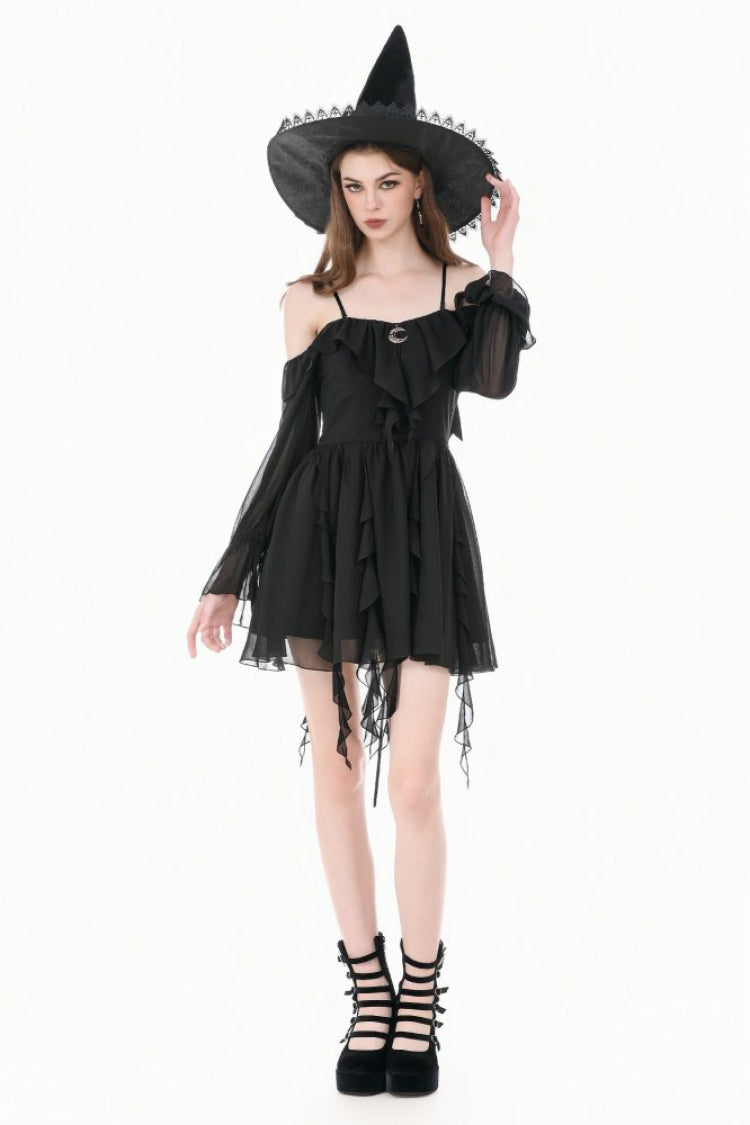 Black Moon Charm Off Shoulder Long Puff Bishop Sleeves Layered Ruffled Hem Women's Gothic Slip Dress