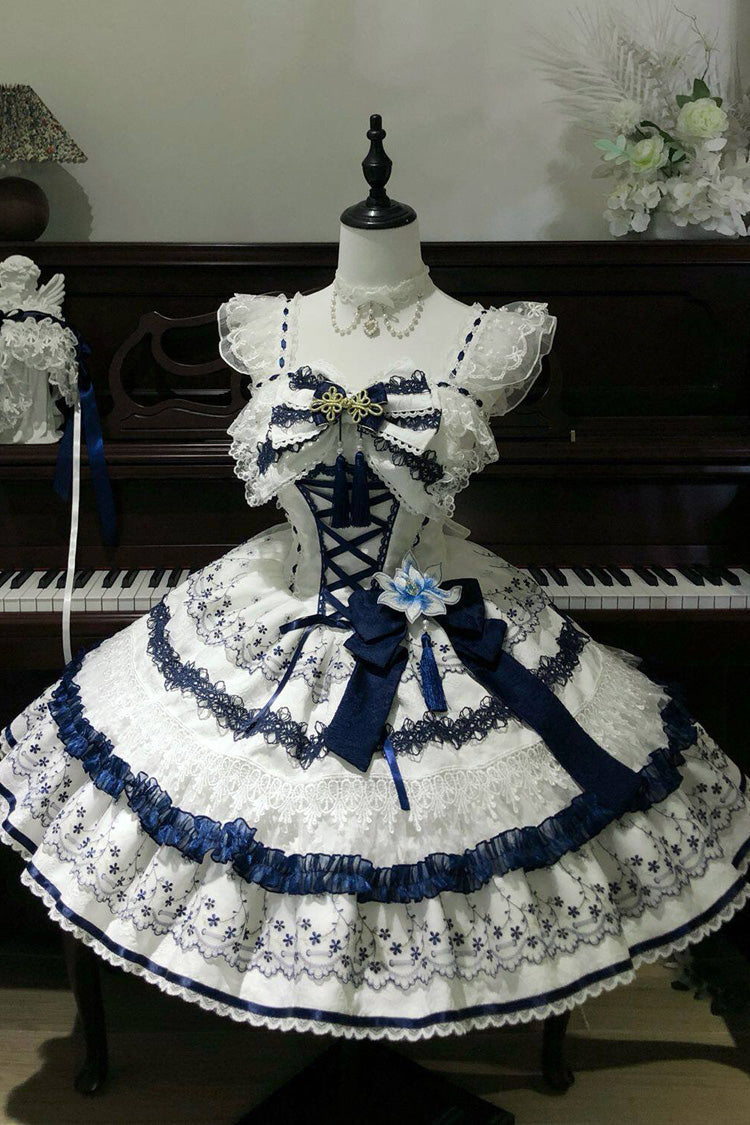 White/Blue [Mandarin Duck Rhapsody] Sleeveless Porcelain Printed Ruffled Bow Lace Chinese Style Sweet Lolita Jsk Dress
