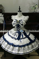 White/Blue [Mandarin Duck Rhapsody] Sleeveless Porcelain Printed Ruffled Bow Lace Chinese Style Sweet Lolita Jsk Dress