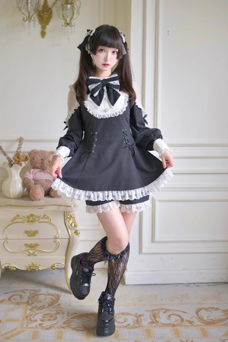 Black/White [Divine love] Long Sleeves Hollow Bowknot Lace Lace-Up Sweet Jirai Kei Dress Shorts Set