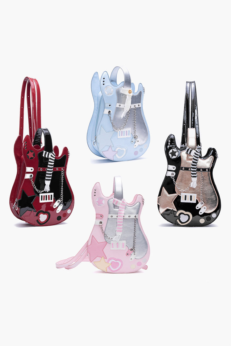 Guitar Heart Creative Color-Block Embroidered Chain-Decorated Sweet Lolita Itabag 4 Colors