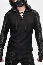 Black Chest Lace Up Vertical Stripes Woolen Splice Bright Crimped Fabric Hooded Men's Punk T-Shirt