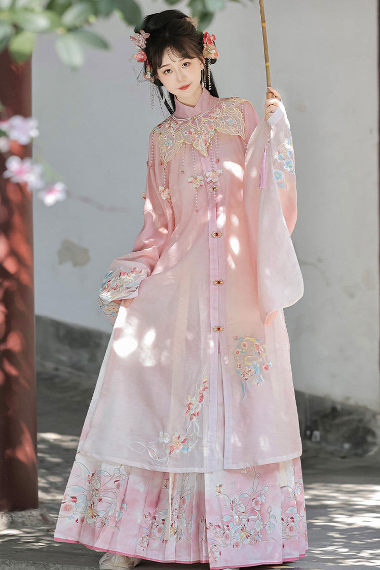 Pink [Spring Scenery Gardens] Collar High Waisted Embroidered Women's Sweet Hanfu Dress Set