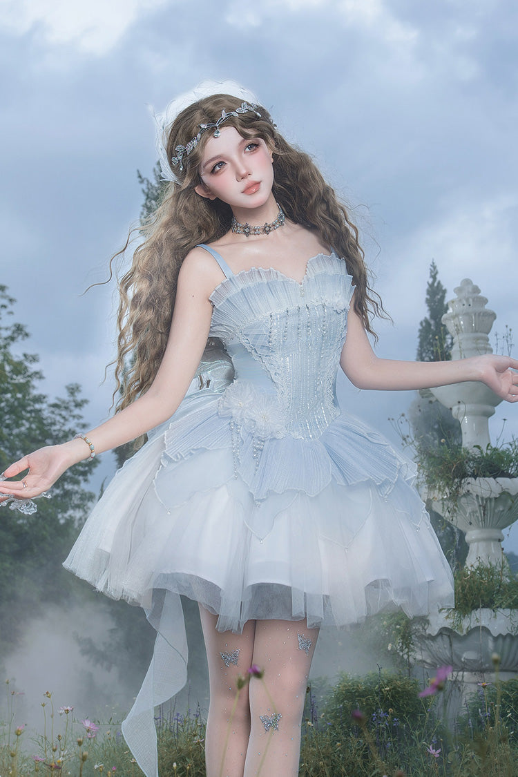 Blue [Spirit in the Mist] Square Collar Sleeveless Ruffled Pearl Detail Sweet Elegant Lolita Jsk Dress