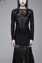 Black Flower Pattern False Girdle Mesh Long Sleeve Women's Gothic T-Shirt