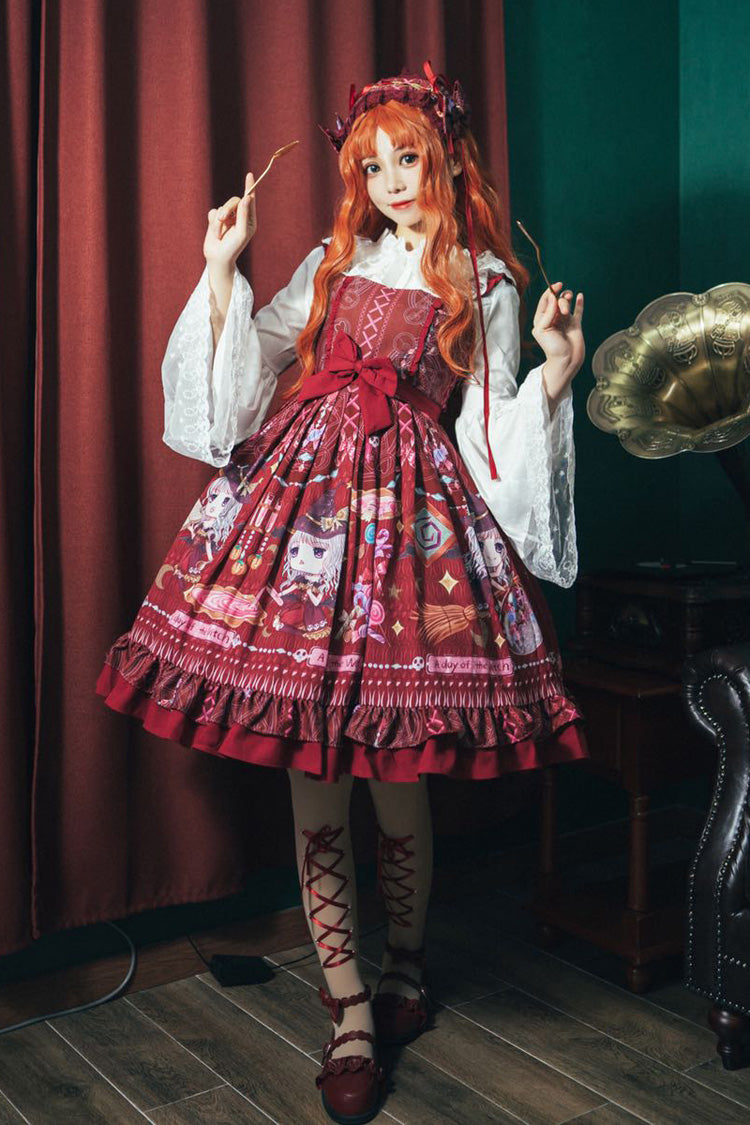 Red [Little Witch] Sleeveless Print Ruffle Bowknot Sweet Elegant Lolita Jsk Dress