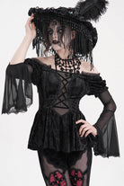 Black Halterneck Long Sleeves Hollow Lace-Up Mesh Women's Gothic Blouse
