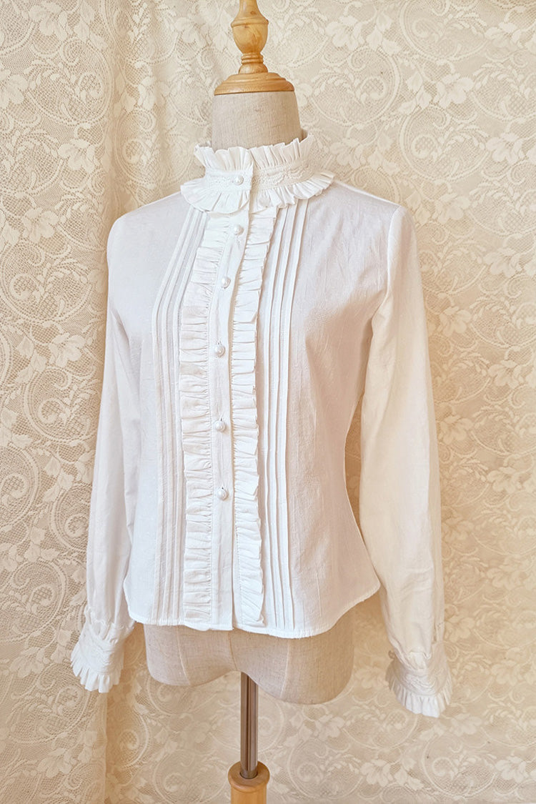 White Stand Collar Long Sleeves Ruffled Bow Sweet Lolita Blouse