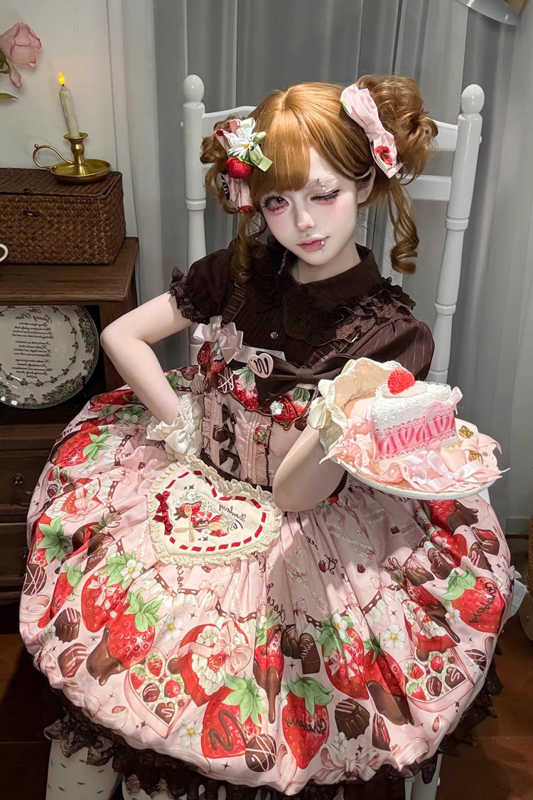 Pink [Strawberry Chocolate Lover] Sleeveless Printed Ruffled Embroidered Bow Lace Sweet Lolita Strap Dress