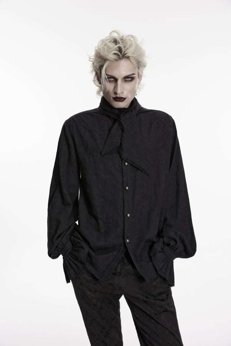 Black Stand Collar Long Puff Sleeves Jacquard Detachable Tie Men's Gorgeous Shirt
