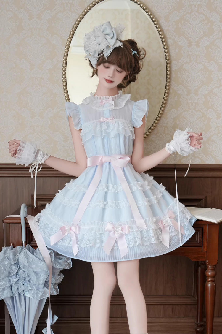 Blue [Frosted Cake] Stand Collar Sleeveless Ruffled Bow Lace Sweet Japanese Princess Lolita Tiered Dress