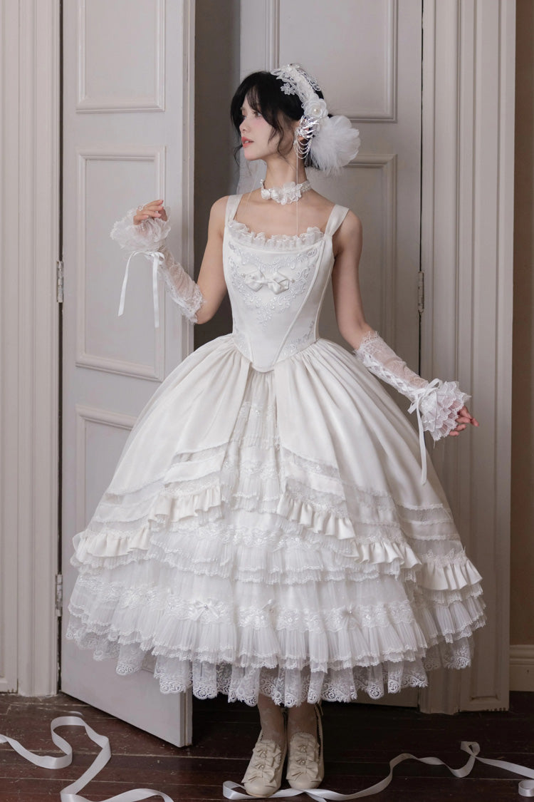 White [Promise of the Rose] Multi-Layered Ruffled Hanayome Open-Front Bow Sweet Gorgeous Lolita Jsk Dress Set