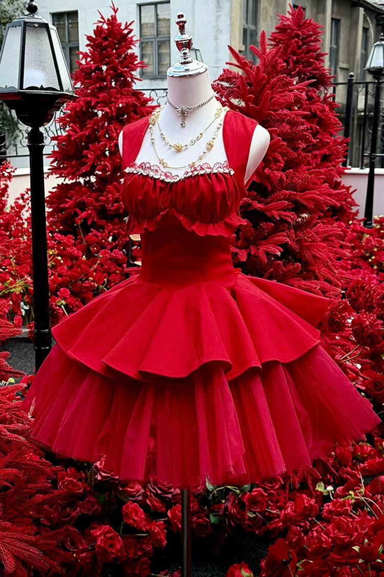 Red [Romantic Rose] Square Collar Sleeveless Ruffled Classic Ballet Lolita Dress