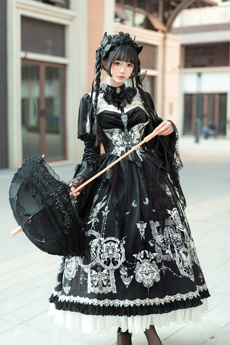Black [Feast of Bones] Print Ruffle Bowknot Lace Gothic Elegant Lolita Long Dress