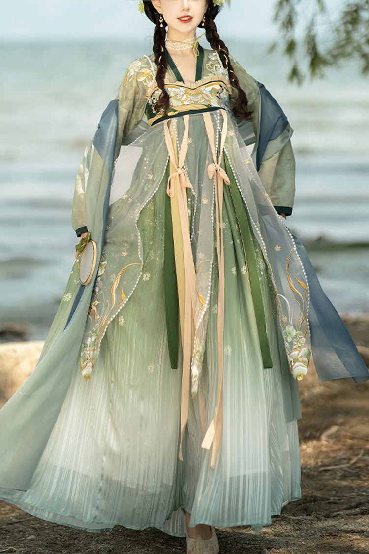 Multi-Color Chinese Style Embroidery High Waisted Hanfu Dress Full Set