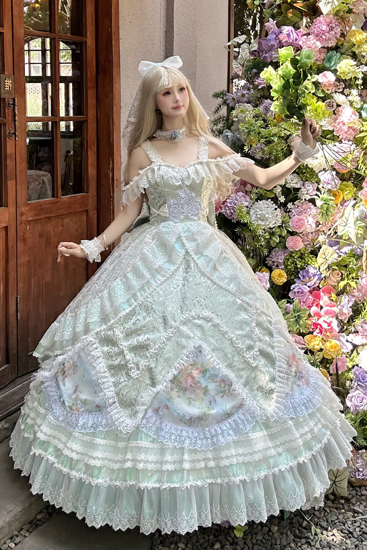 [The Glass Ball of Misty Isle] Multi-Layered Ruffled Hanayome Embroidered Sweet Plus Size Lolita Dress Set 5 Colors (White, Yellow, Purple, Green, Pink)
