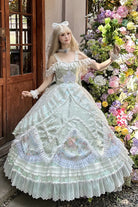 [The Glass Ball of Misty Isle] Multi-Layered Ruffled Hanayome Embroidered Sweet Plus Size Lolita Dress Set 5 Colors (White, Yellow, Purple, Green, Pink)