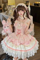 Pink [Rose Feather Romance] Square Collar Ruffled Bow Lace Ballet Sweet Lolita Jsk Dress