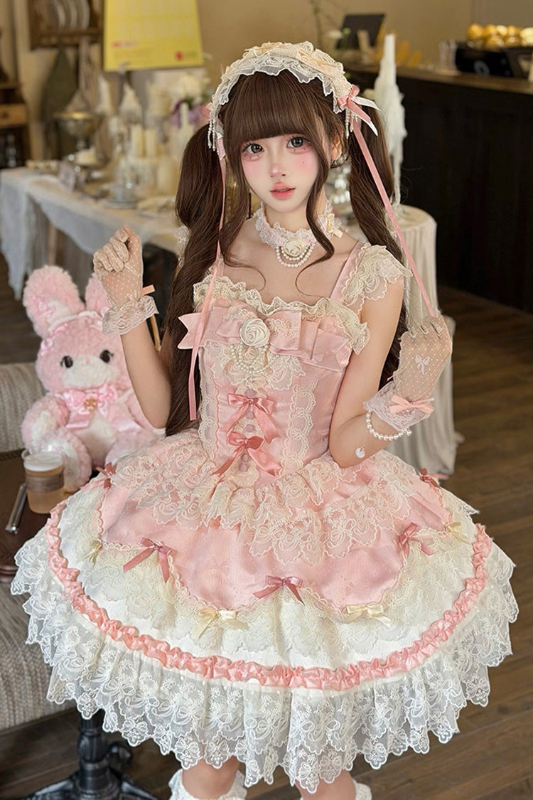 Pink [Rose Feather Romance] Square Collar Ruffled Bow Lace Ballet Sweet Lolita Jsk Dress