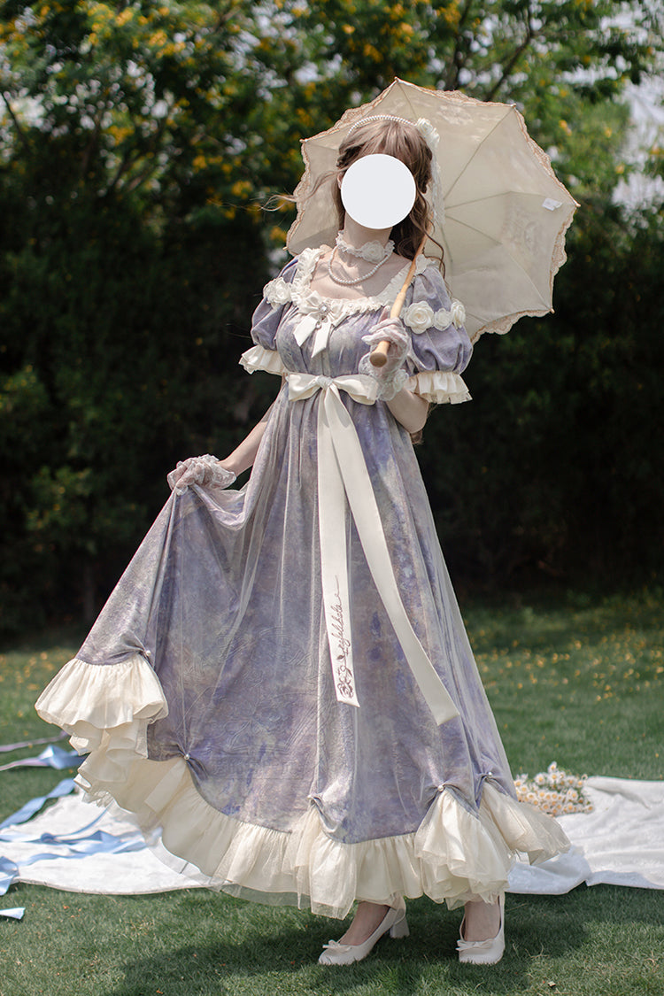 Purple [Oil Painting Sun and Moon Poem] Short Sleeves Print Ruffle Bowknot Sweet Princess Lolita Dress