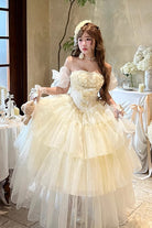 Beige [Mousse Serenade] Triple-Layered Ruffled Hanayome Bow Lace Sweet Princess Lolita Strapless Dress