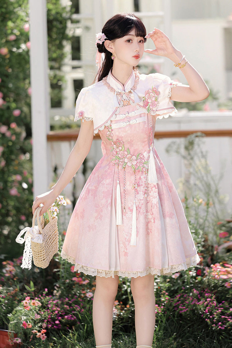 Pink [Whispers on Falling Cherry Blossoms] Printed Embroidered Tassel Sweet Classic Chinese Style Lolita Jsk Dress Set