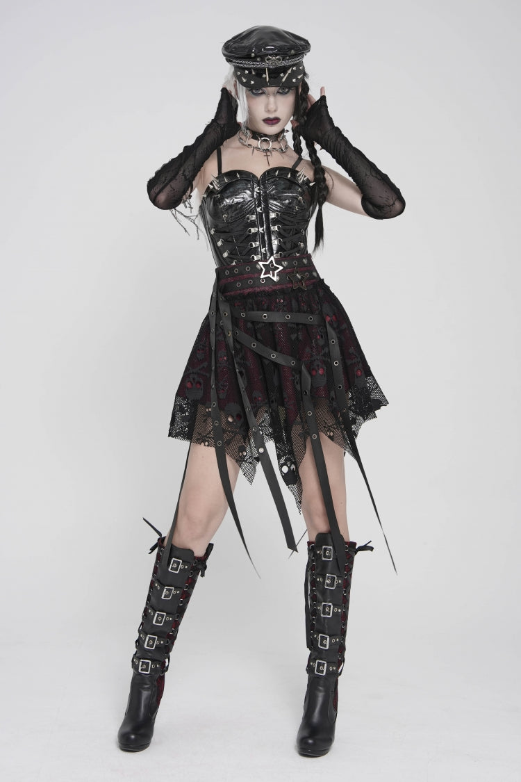 Black/Red Double-Layered Lace Lace-Up Irregular Mesh Eyelet Women's Punk Skirt