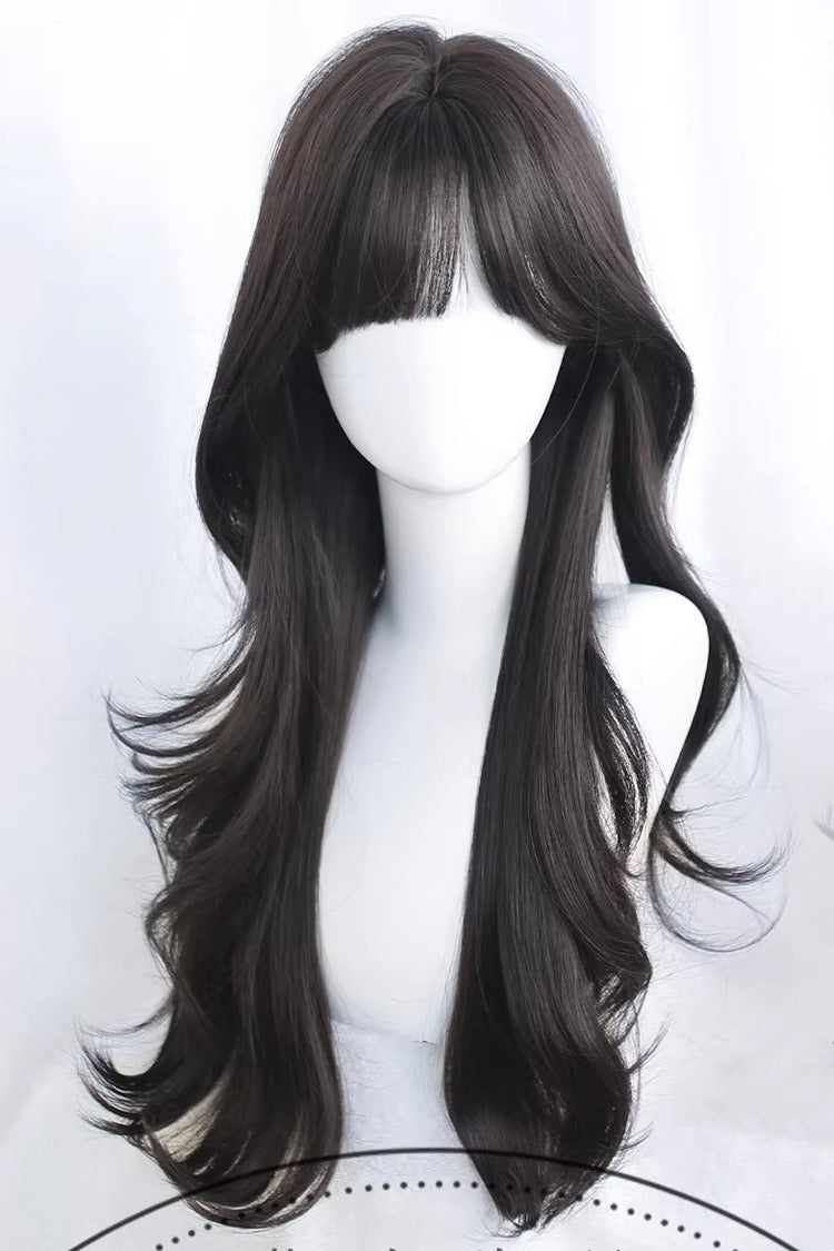 Black Tea Brown Curtain Bangs Long Loose Wavy Sweet Lolita Wig