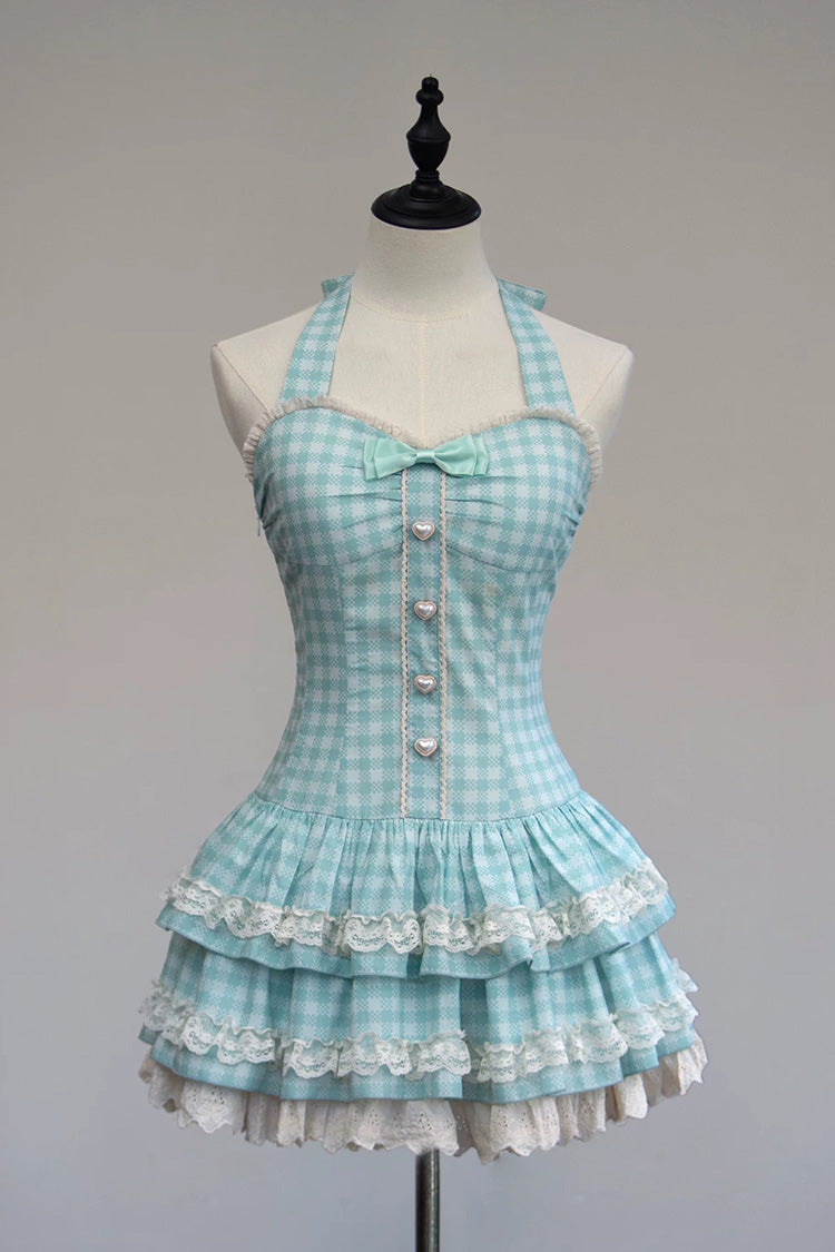[Summer Mint] Halterneck Sleeveless Double-Layered Printed Ruffled Bow Lace Sweet Lolita Jsk Dress 5 Colors (Blue, Pink, Red, Black, White)